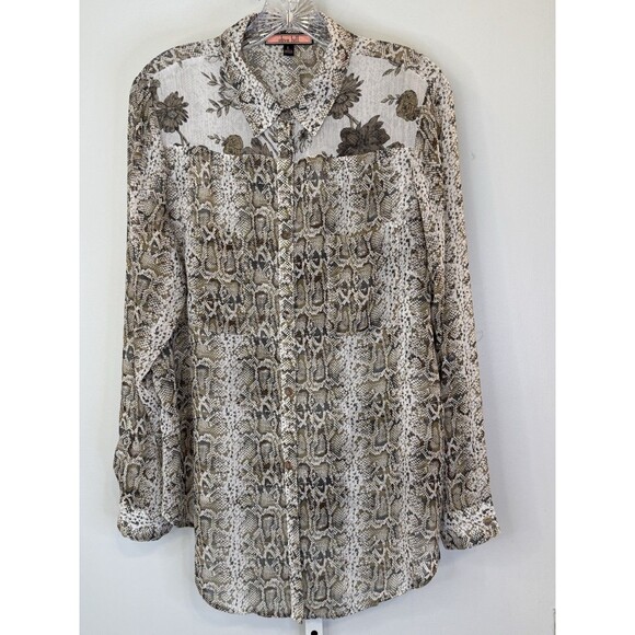 Olive Hill Women’s Button Down L Snake Print Floral Sheer Long Sleeve Blouse Top - Picture 1 of 10